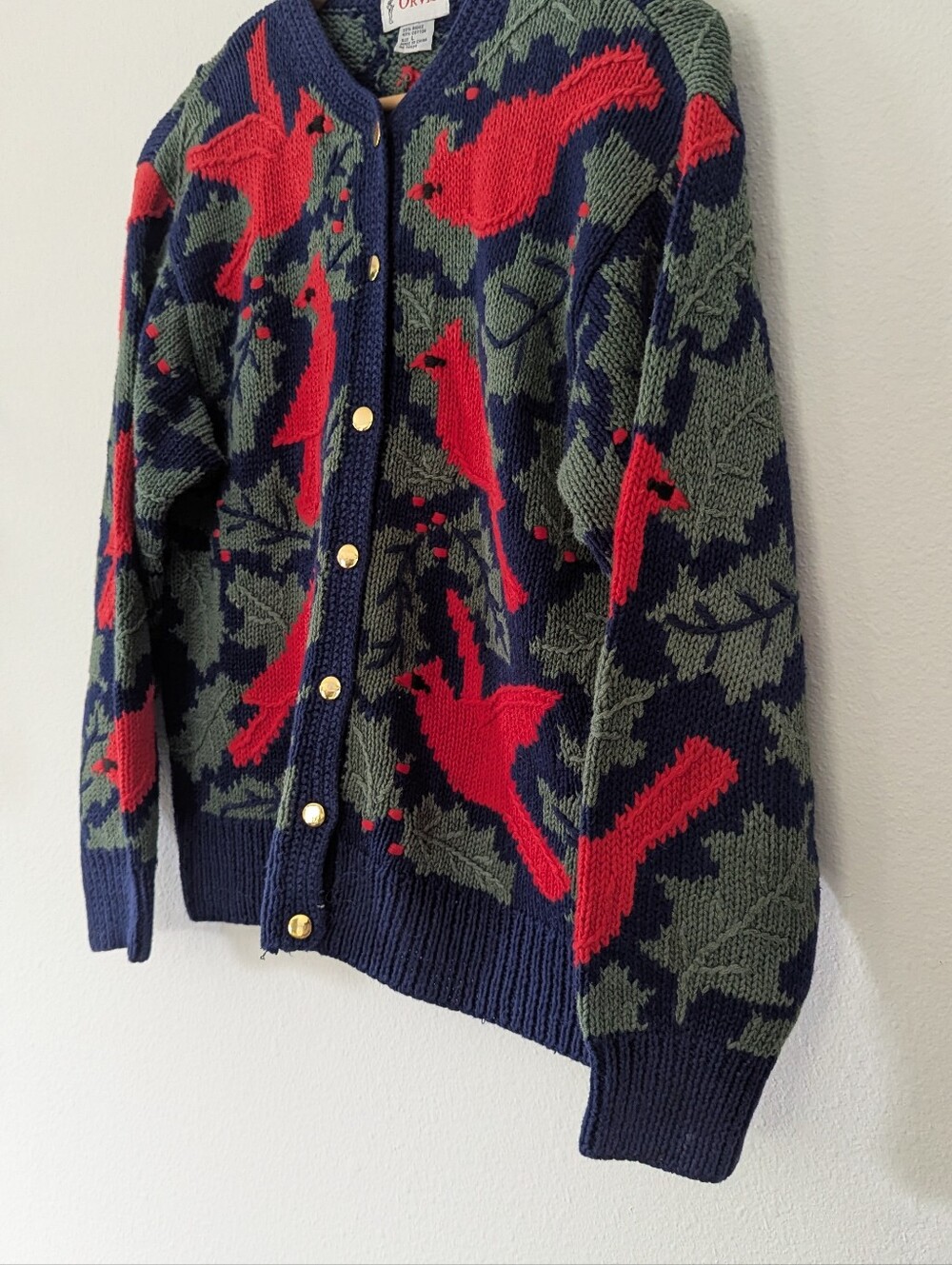 Orvis Women's Navy Cardigan Sweater with Red Cardinal Motif - Picture 2 of 7